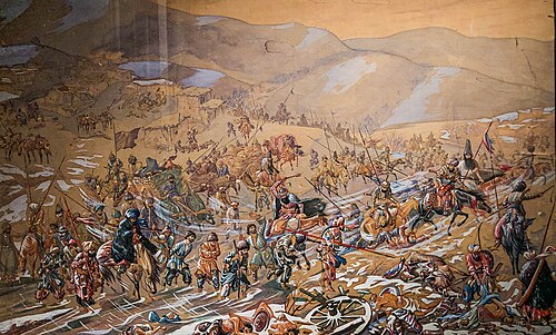 İbrahim xan Əfşarın rəhbərlik etdiyi ordunun Car-Balakən camaatlığı tərəfindən məğlub edilməsi (1738). Azərbaycan Tarix Muzeyində saxlanılır.