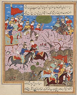 Şah Şüca kənddə gəzərkən hücuma məruz qalır. Ehtimal ki, Şirazda tapılan Nigarıstan əlyazmasındandır (1573-1574)