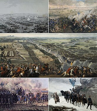 Soldan sağa: * Narva döyüşü (1700) * Dauqava döyüşü (1701) * Poltava döyüşü (1709) * Qadebuş döyüşü (1712) * XII Karlın cəsədinin vətənə gətirilməsi (1718)