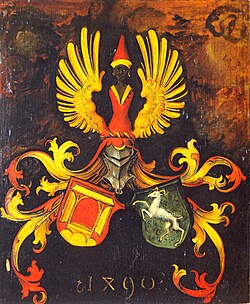 Böyük Albrext Dürerin portretinin arxa tərəfi. Dürerlər və Holperlər ailələrin toy gerbi təsvir olunub
