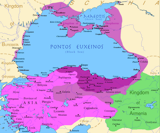 Pontus çarlığı çiçəklənmə dövründə: VI Mitridatın hakimiyyətindən əvvəl (tünd bənövşəyi), erkən fəthlərindən sonra (bənövşəyi) və ilk Mitridat müharibələrindəki fəthlər (çəhrayı)