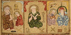 Ərəb paltarında, uzun xalatlı, türbanlı və çılpaq və ya sandallı ayaqlı, kitab oxuyan fiqurlar. "Kitab əl-Diryaq".