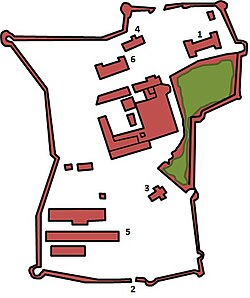 Qalanın 1853-cü il planının rəngli və izahlı forması. 1 - Xan sarayı, 2 - Darvaza, 3 - Keçmiş məscid (1828-ci ildə provaslav kilsəsinə çevirilib), 4- Hacı xan məscidi, 5 - baraklar, 6 - xarici bina