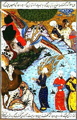 Saleh peyğəmbər və dəvəsi təsvir olunan orta əsr miniatüru.