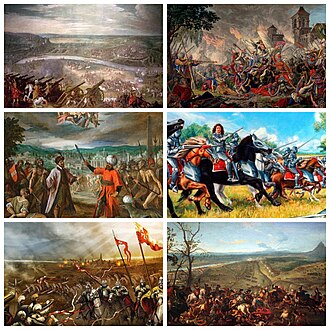 Yuxarıdan soldan sağa:Vyananın mühasirəsi, Ziqetvarın mühasirəsi, Osmanlı–Avstriya müharibəsi, Sentqothard döyüşü, Vyana döyüşü, Belqradın mühasirəsi