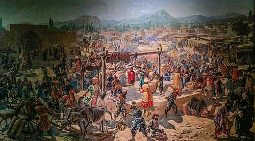 Orta əsr Şamaxı bazarı. 1930-cu illər. Azərbaycan Tarix Muzeyində saxlanılır.