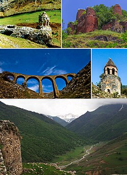 Soldan sağa: Birinci sıra: Həmşivəng monastırı, Namərdqala İkinci sıra: Qanlı körpü, Çarekvəng monastırıÜçüncü sıra: Koroğlu qalasından Qalakənd kəndinin görünüşü