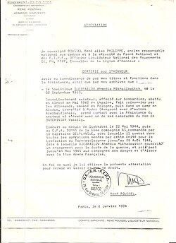 Cəbrayılovun Fransa Müqavimət hərəkatında iştirakını təsdiqləyən sənəd (1994)